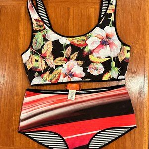 Clover Canyon Neoprene Botanical Wave Reversible Stripe Bikini Size XS